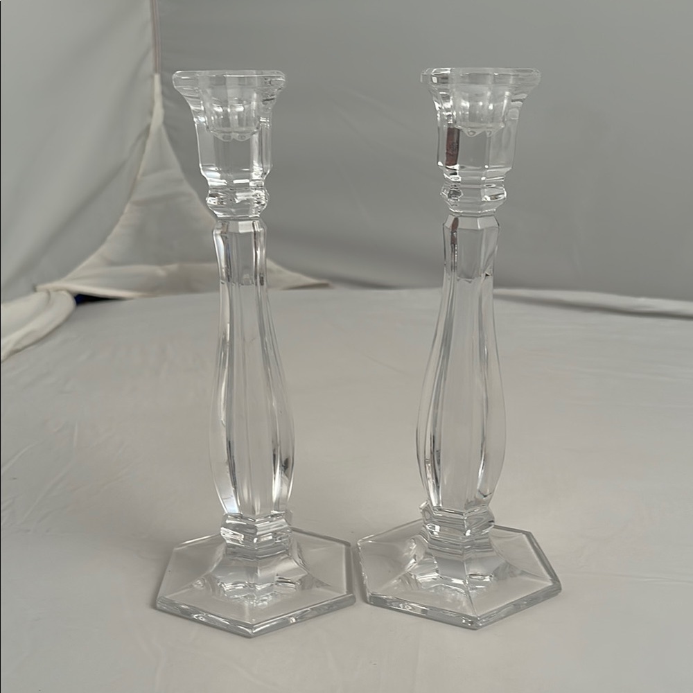 Tiffany and Co Richmond clear crystal etched logo hexagon base candle sticks